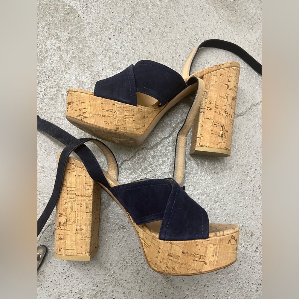 Gianvito Rossi Navy Platform Sandals with Cork Heel